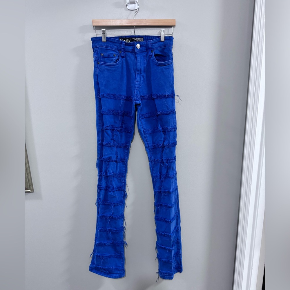 SPARK Men's Premium Denim Stretch Distressed Stack Jeans.  Bright Blue